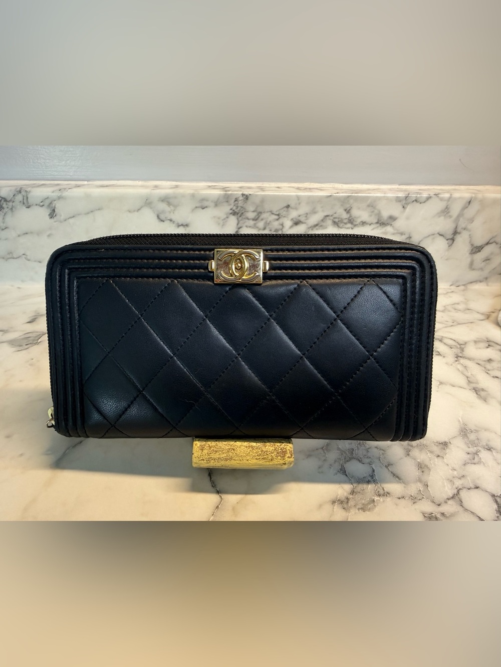 CHANEL Black Lambskin Quilted Boy Zip Around Wallet